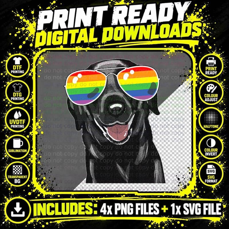 Funny Black Lab Dog Gay Pride Flag Sunglasses LGBT Png SVG Digital Bundle