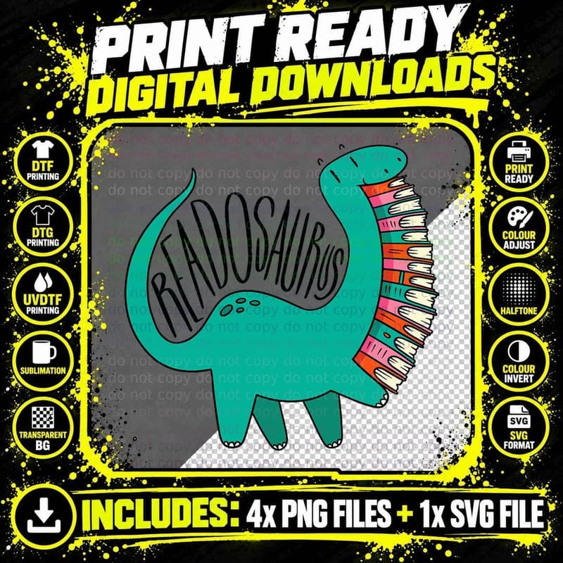 Funny Book Readosaurus Dinosaur Books Library Reading Png SVG Digital Bundle