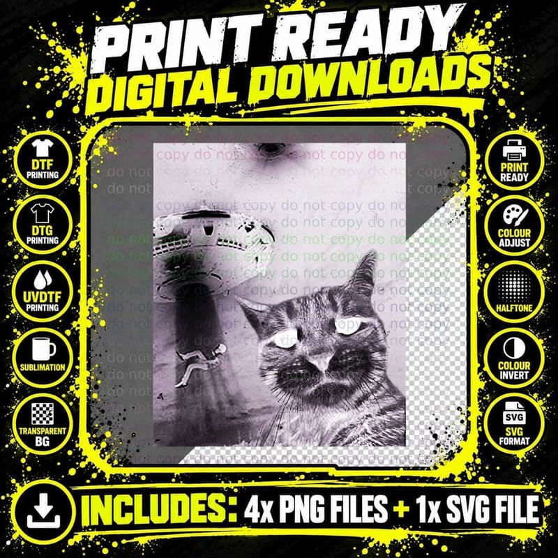 Funny Cat Photo With UFO Alien T-Shirt Png SVG Digital Bundle