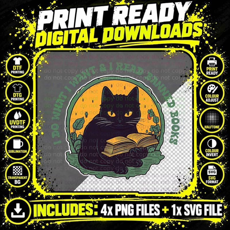 Funny Cat Reading - Read Banned Books, Cats, Humor Png SVG Digital Bundle