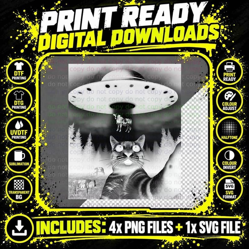 Funny Cat Selfie Flying Alien UFO Abducting Cow Cryptid Png SVG Digital Bundle
