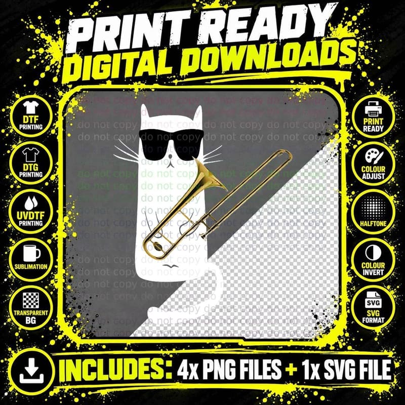 Funny Cat Wearing Sunglasses Playing Trombone T-Shirt Png SVG Digital Bundle