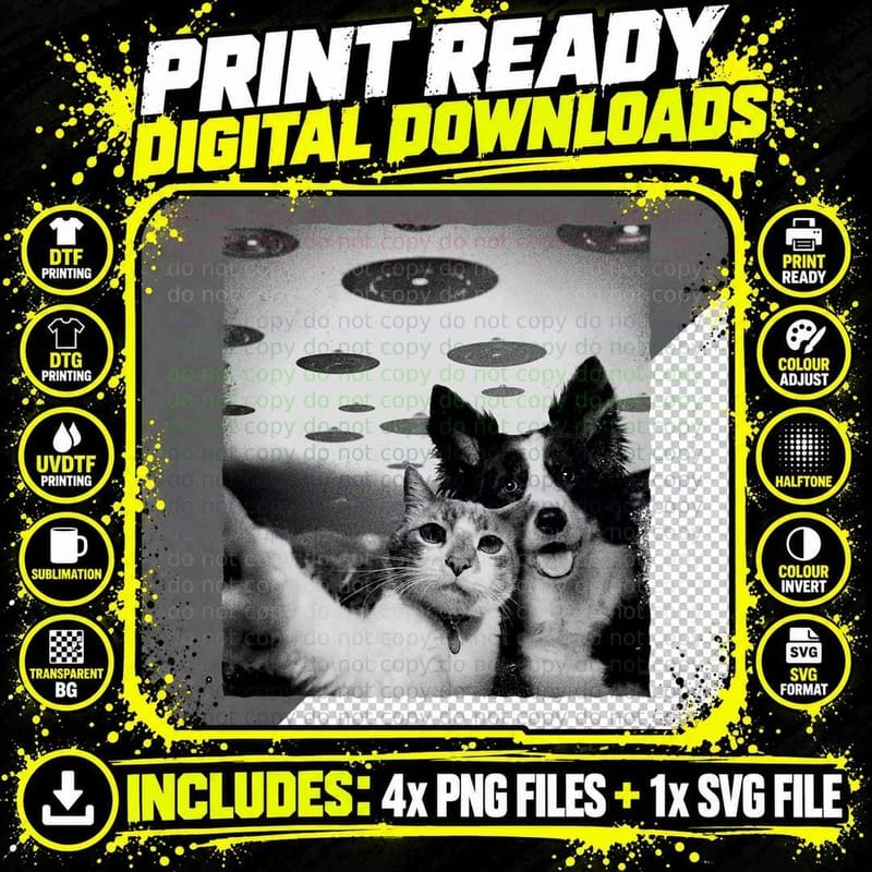Funny Cat and Dog Selfie with Alien UFO, Space Themed Png SVG Digital Bundle