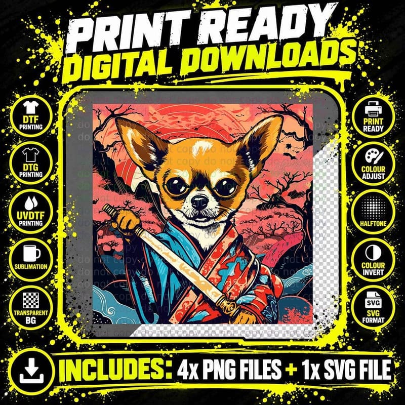 Funny Chihuahua Dog Japanese Tattoo Ukiyoe Art Samurai Png SVG Digital Bundle