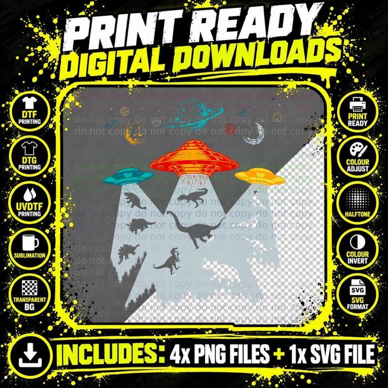 Funny Dinosaur Alien Abduction Gift for UFO Dino Lover Png SVG Digital Bundle