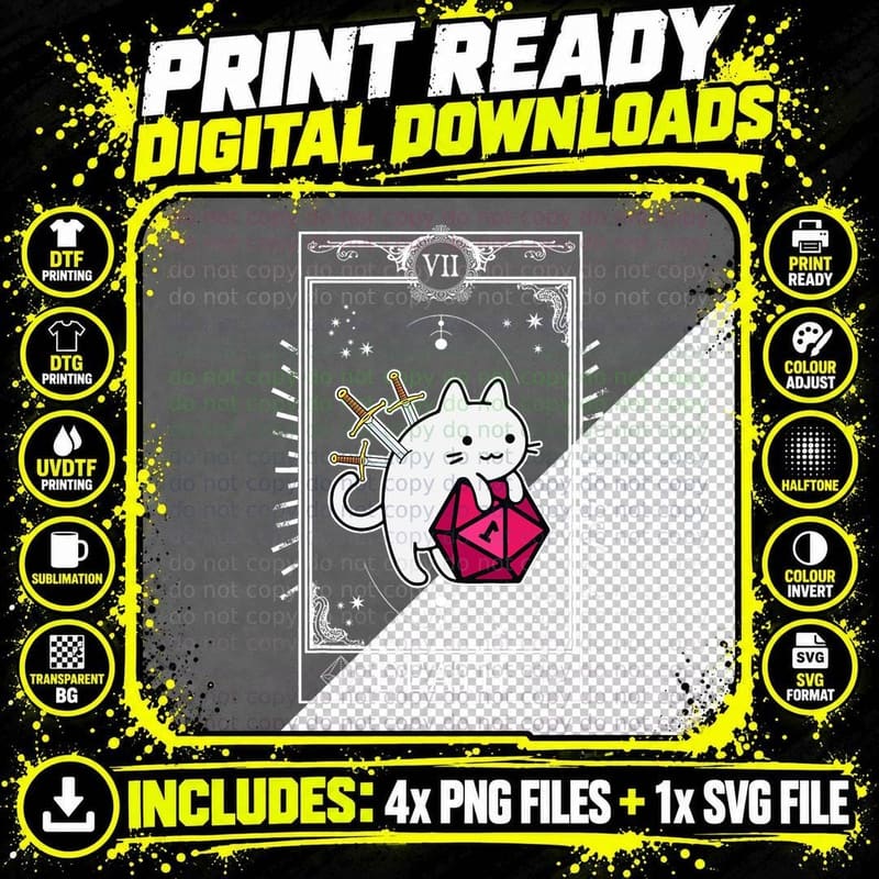 Funny Dungeon Tarot Card Cat Dice D20 T-Shirt Png SVG Digital Bundle