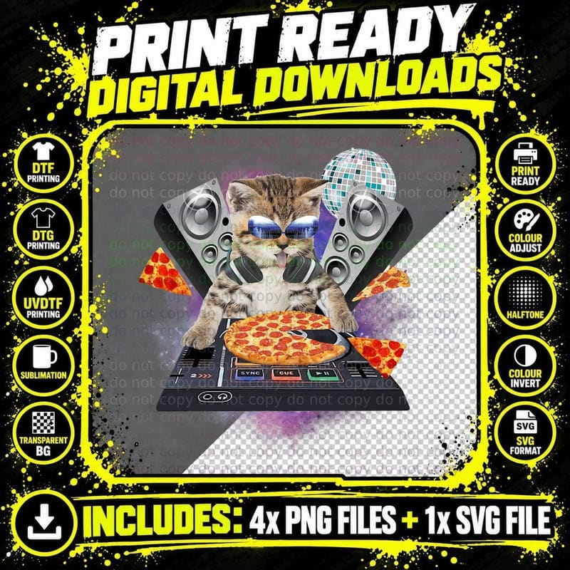 Funny Galaxy DJ Pizza Cat Shirt Space Pizza Kitty T-Shirt Png SVG Digital Bundle