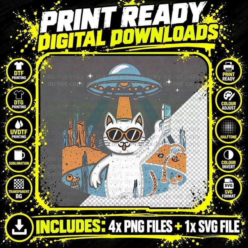 Funny Graphic Tee - Scary Cat Taking Selfie with Ufos Png SVG Digital Bundle