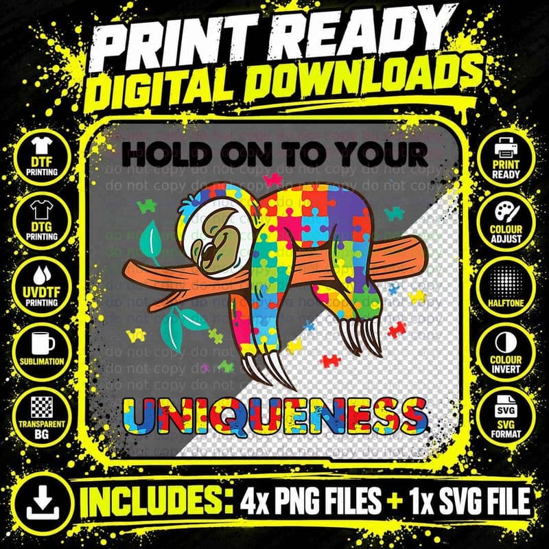 Funny Hold on to Your Uniqueness Sloth Autism Awareness Png SVG Digital Bundle