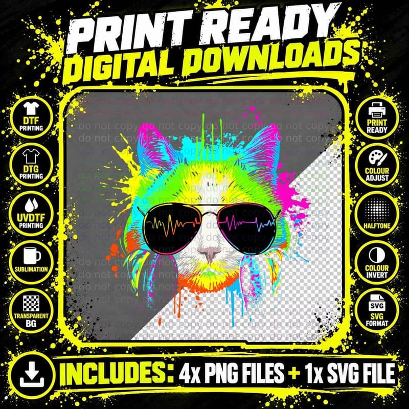 Funny Kitty Colorful Rainbow Rave Music DJ Cat, Festival Png SVG Digital Bundle