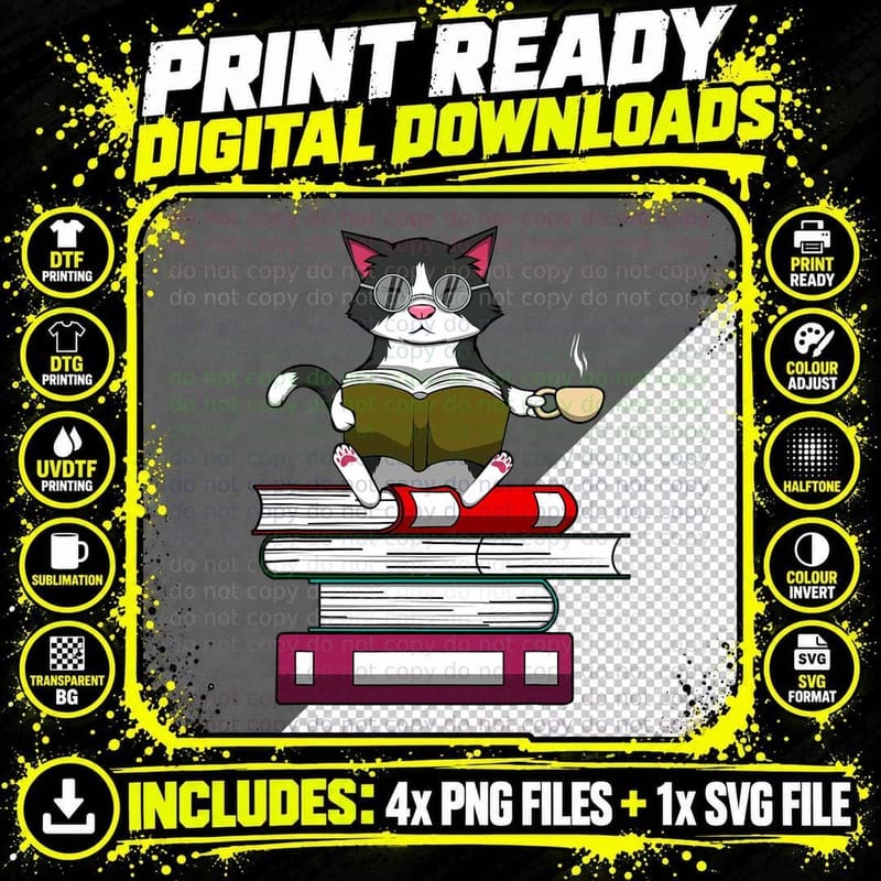 Funny Kitty Reading Books Cat and Coffee Png SVG Digital Bundle