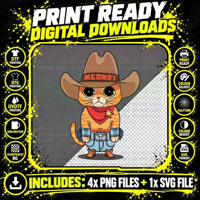 Funny Meowdy Orange Tabby Cat Cowboy Hat Howdy Meow Meme Png SVG Digital Bundle