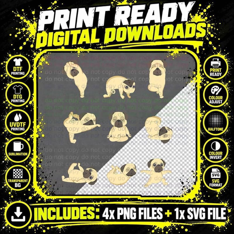 Funny Pug Yoga Positions, Cute Dog Workout for Women Png SVG Digital Bundle