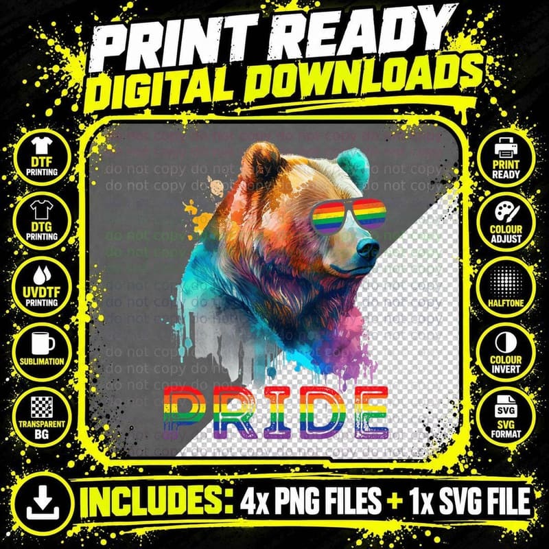 Gay Bear LGBTQ Rainbow Sunglasses Pride Flag Men Women Png SVG Digital Bundle