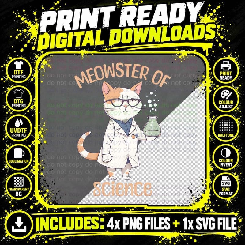 Girls Meowster of Science Funny Lab Cat Laboratory Png SVG Digital Bundle