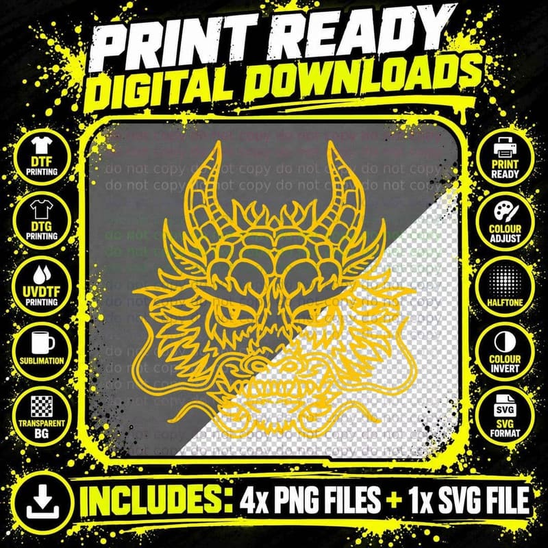 Golden Chinese Dragon Head Tee China Cultural T-Shirt Png SVG Digital Bundle