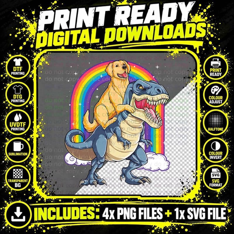 Golden Retriever Riding Dinosaur T Rex Gifts Boys Png SVG Digital Bundle