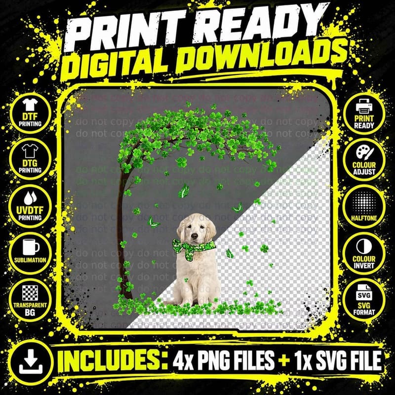 Golden Retriever St Patricks Day Lover Irish Shamrock Png SVG Digital Bundle