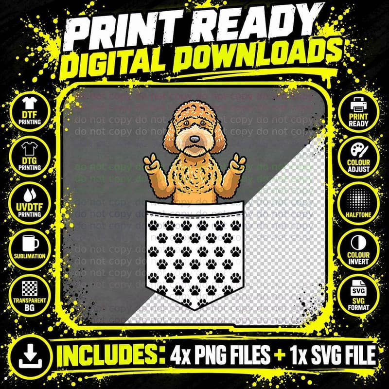 Goldendoodle Dog in Pocket, Golden Retriever Mix Png SVG Digital Bundle