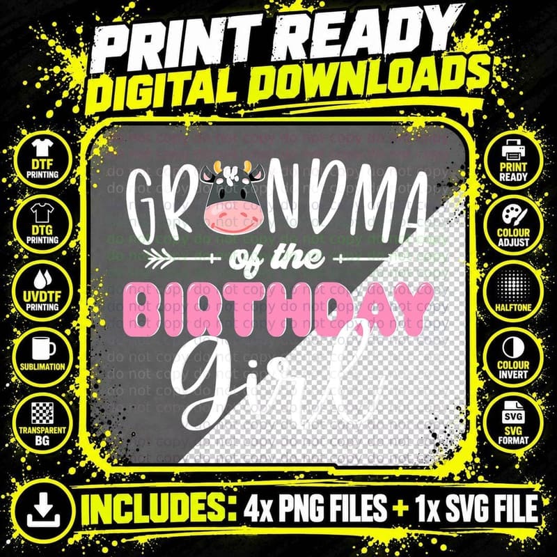 Grandma of the Birthday Girl Cow Themed Cow Print Granny Png SVG Digital Bundle