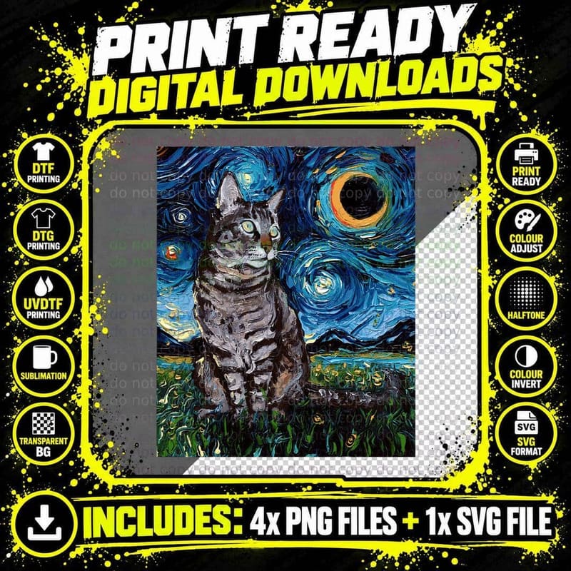 Gray Tabby Tiger Cat Starry Night Moon and Stars Art by Png SVG Digital Bundle