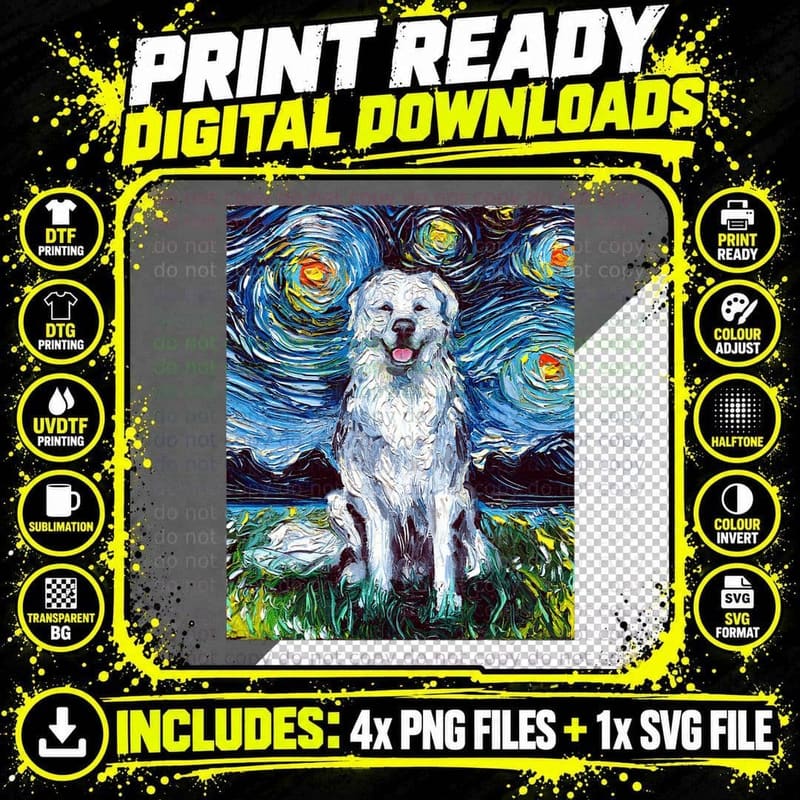 Great Pyrenees Full Version Starry Night Dog Art by Aja Png SVG Digital Bundle