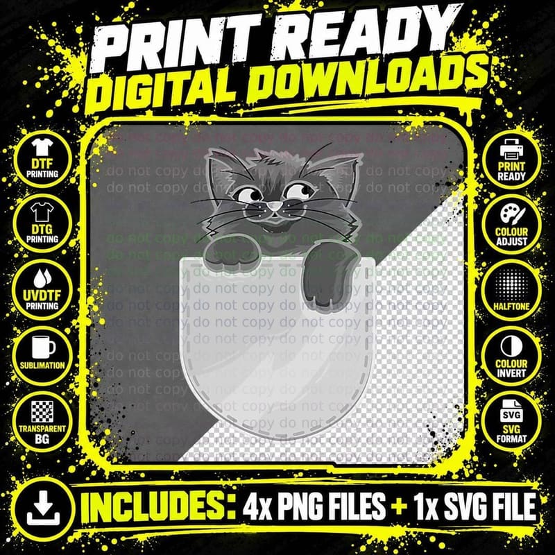 Grey Gray Cat Kitty in My Pocket Adorable Sassy Kitten Png SVG Digital Bundle