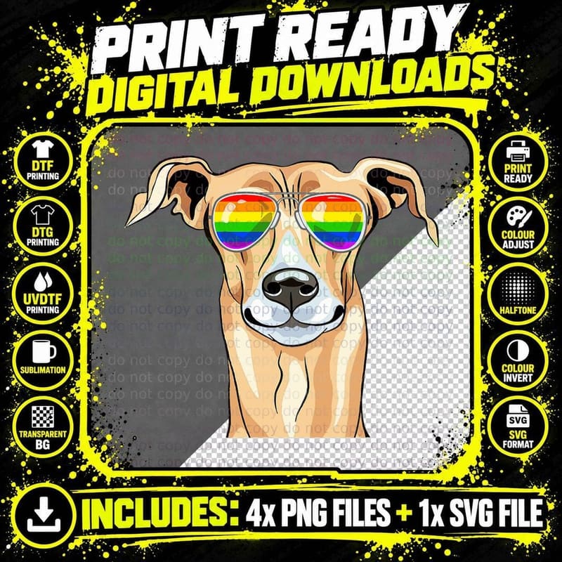Greyhound Dog Gay Pride Flag Sunglasses LGBT, LGBTQ+ Png SVG Digital Bundle