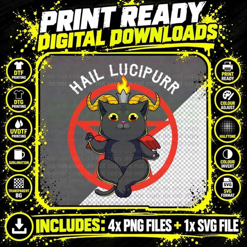 Hail Lucipurr Cat Devil Satan Pentagram Baphomet Cat Png SVG Digital Bundle
