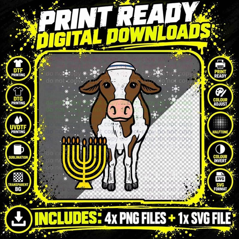 Hanukkah Cow Menorah Chanukah Farm Farmer Men Women Kids Png SVG Digital Bundle