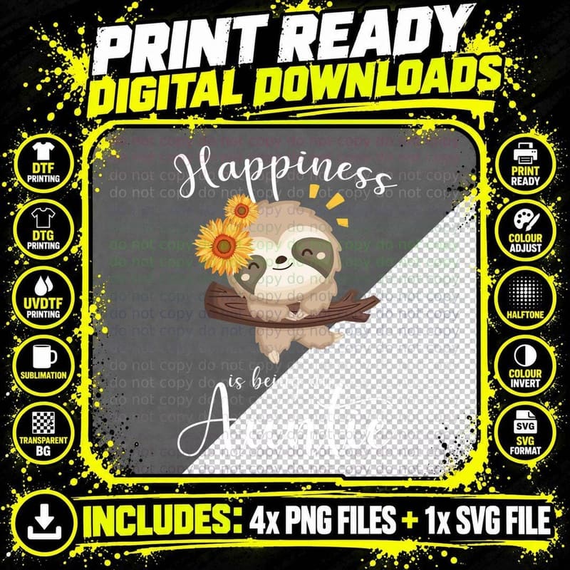 Happiness Is Being a Auntie Cute Sloth Flower T-Shirt Png SVG Digital Bundle