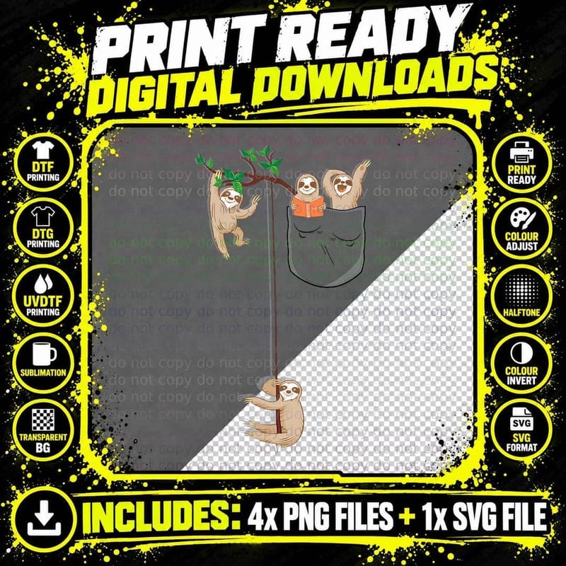 Happy Sloth Family Habitat in Pocket, Cute Animal Png SVG Digital Bundle