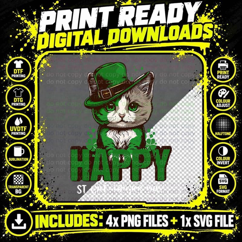 Happy St Cat-Tricks Day St Patricks Day Irish Shamrock Png SVG Digital Bundle