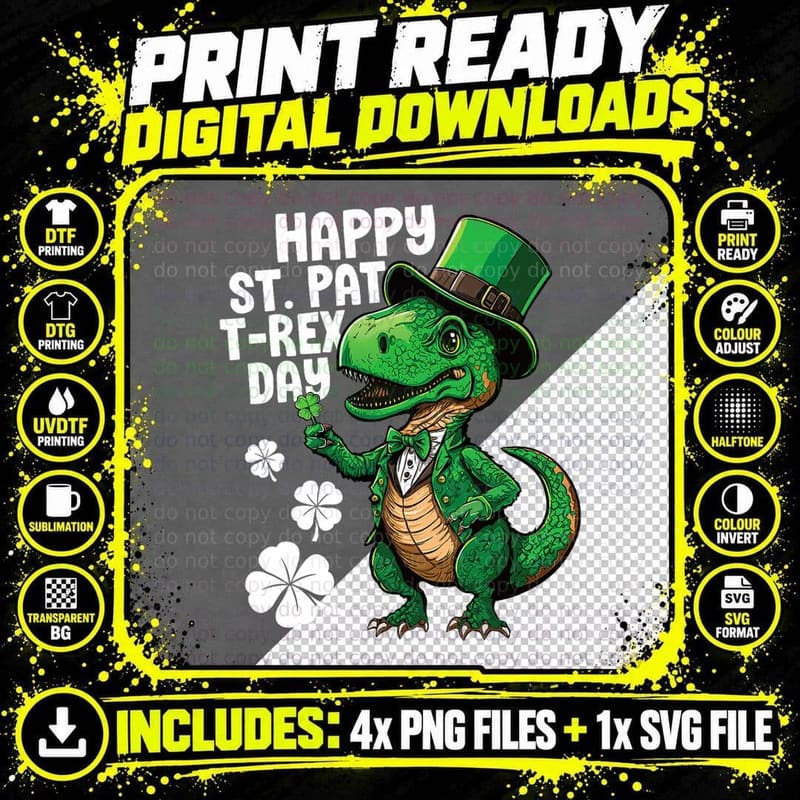 Happy St Pat T-Rex St Patricks Day Dinosaur Leprechaun Png SVG Digital Bundle