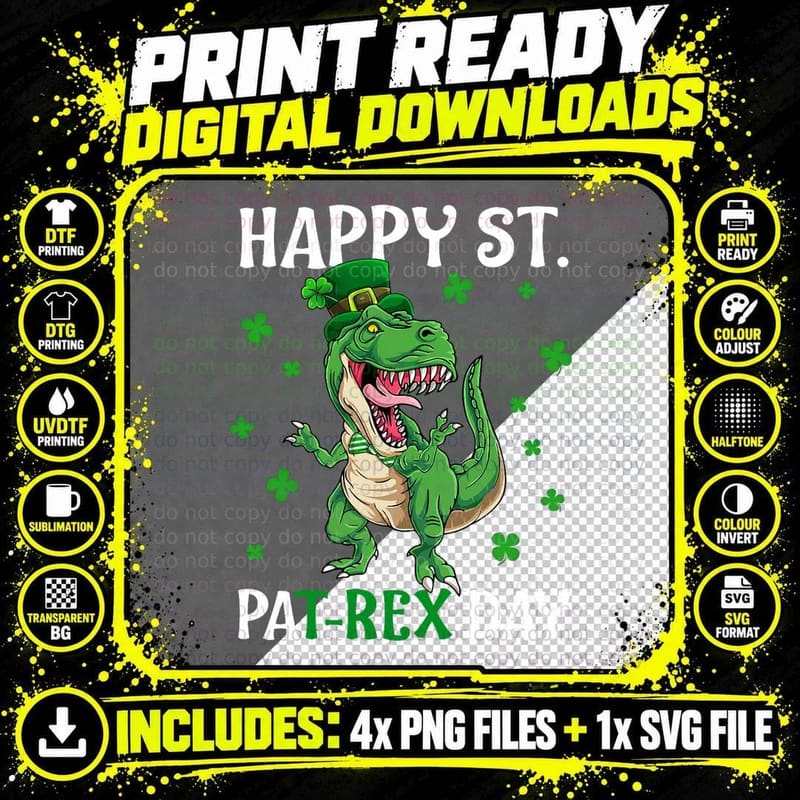 Happy St Pat Trex Day Dinosaur St Patricks Day Toddler Png SVG Digital Bundle