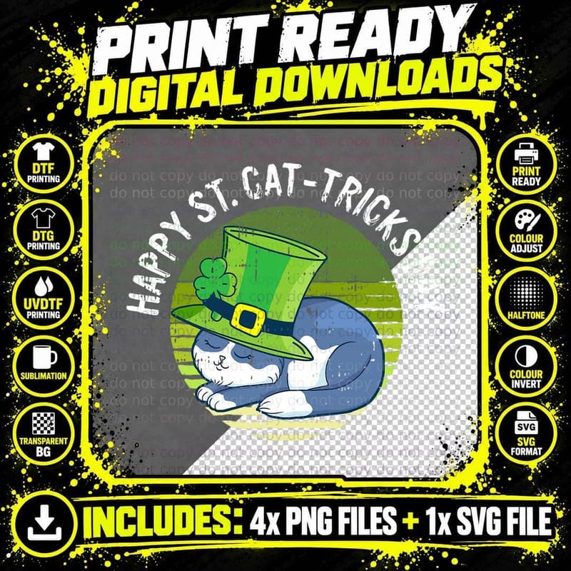 Happy St Patricks Day Retro Shamrock Cat Lover Irish Png SVG Digital Bundle