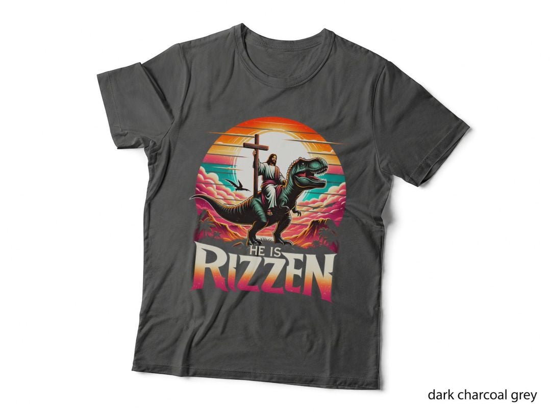 He Is Rizzen Jesus Has Rizzen Retro Christian Dinosaur T-Shirt