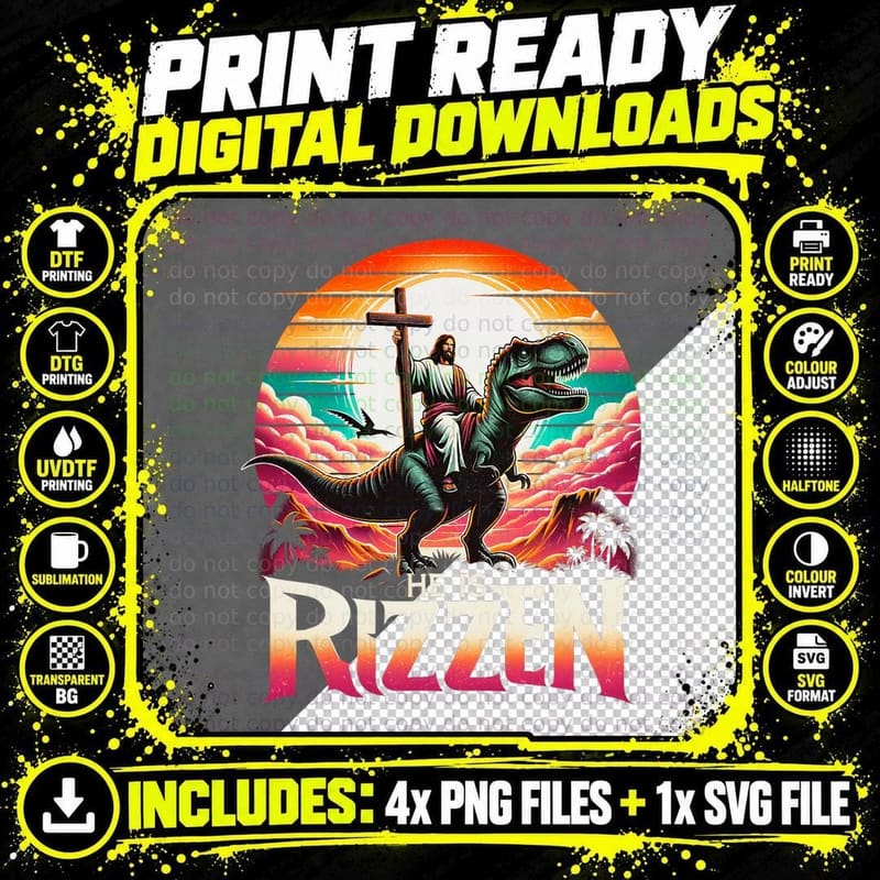 He Is Rizzen Jesus Has Rizzen Retro Christian Dinosaur Png SVG Digital Bundle