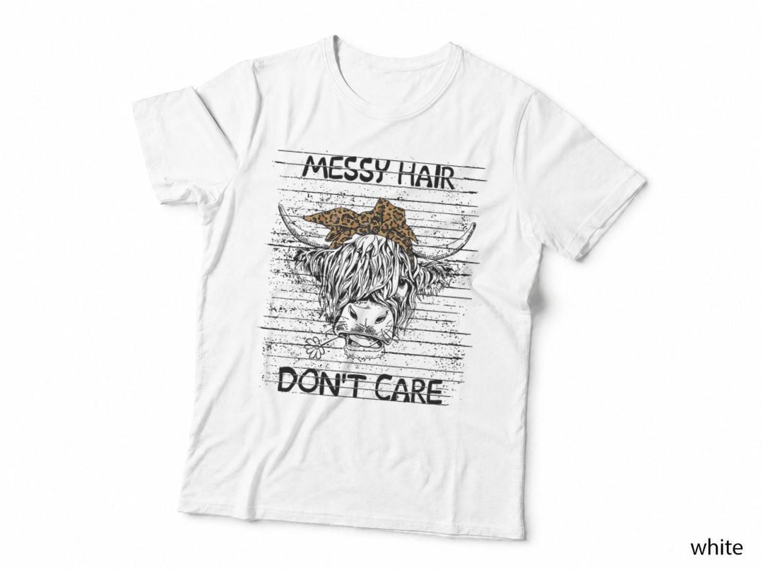 Highland Cow Leopard Bandana Messy Hair Don't Care Western T-Shirt