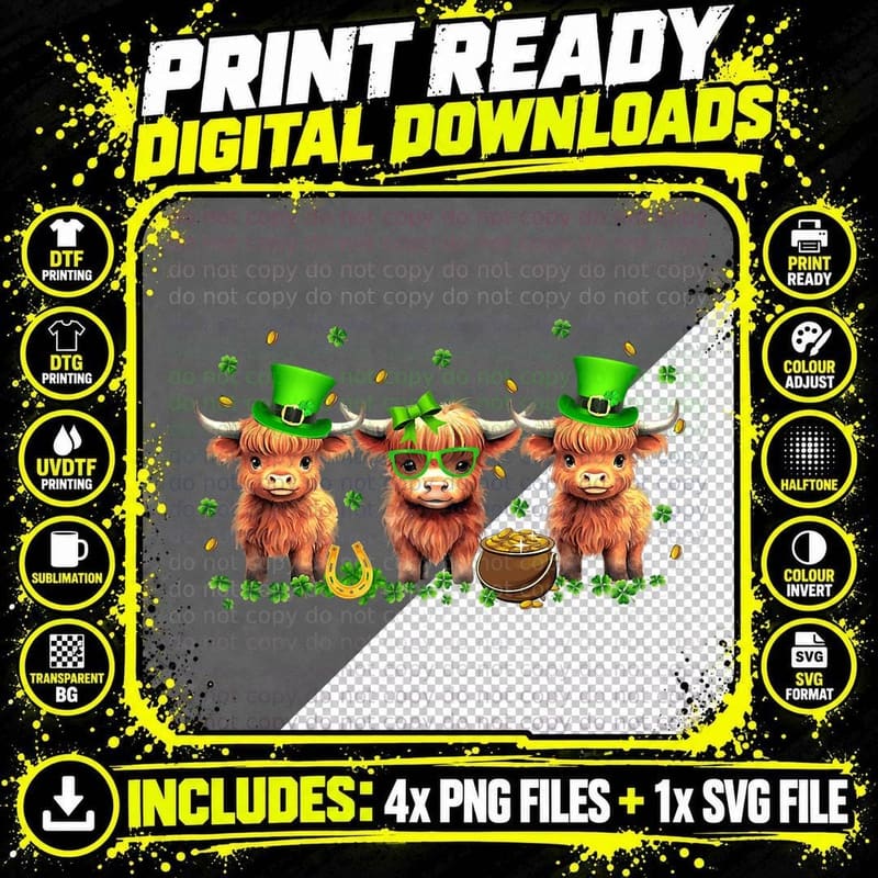 Highland Cow Print St Patricks Day Shamrock Irish Png SVG Digital Bundle