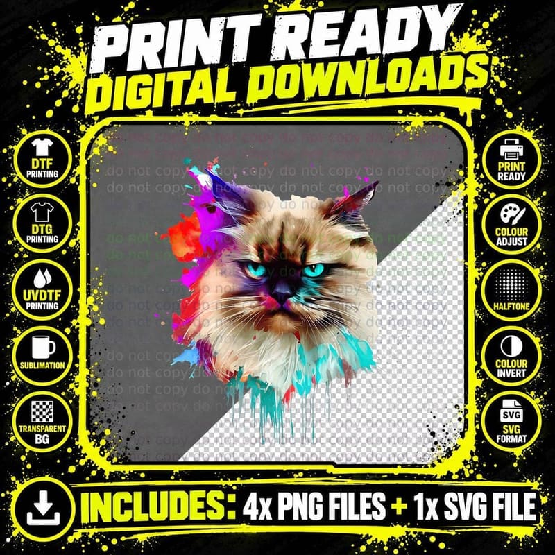 Himalayan Cat Art Paint Splashes Abstract Colorful Cat Png SVG Digital Bundle