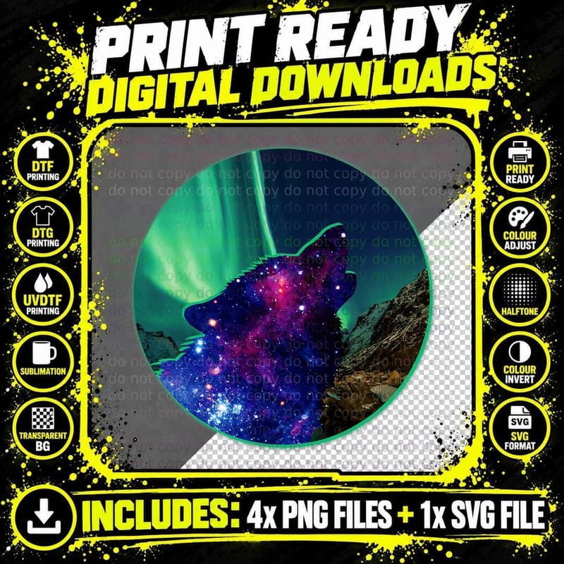 Howling Wolf Northern Lights Aurora Borealis Alaska Png SVG Digital Bundle