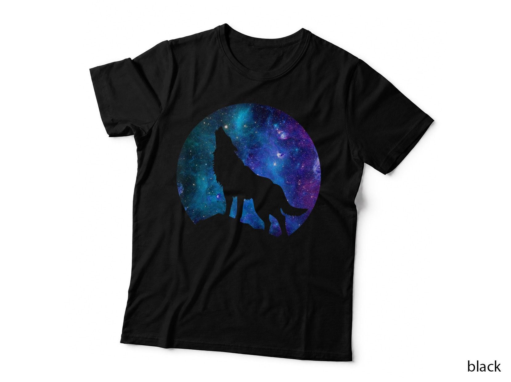 Howling Wolf Under the Full Moon with Purple Galaxy Sky T-Shirt