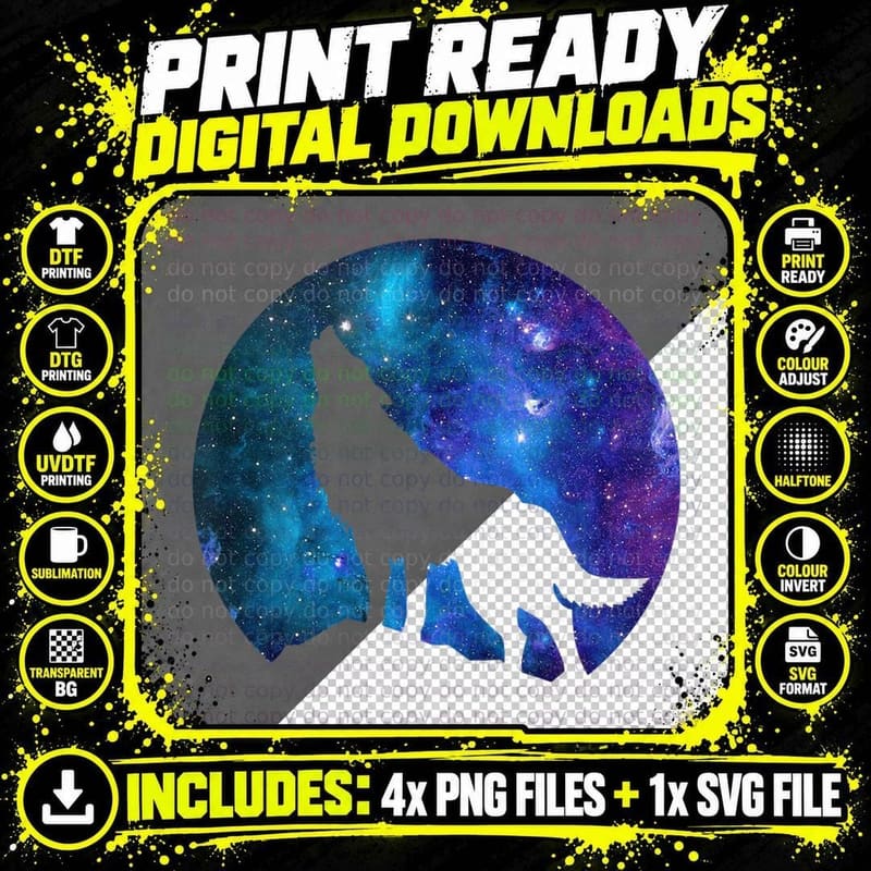 Howling Wolf Under the Full Moon with Purple Galaxy Sky Png SVG Digital Bundle