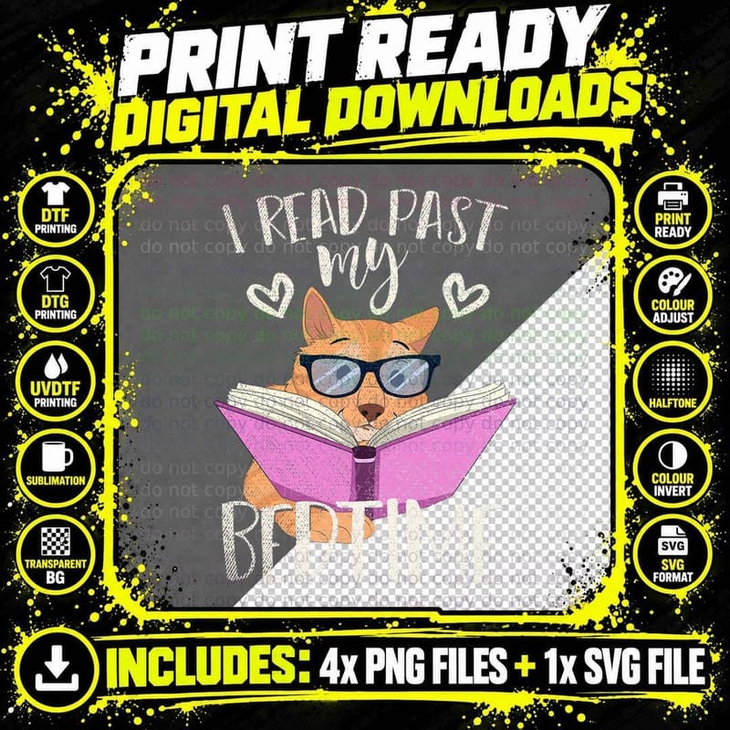 I Read Past My Bedtime Cute Animal Pet Cat Book Nerd Png SVG Digital Bundle