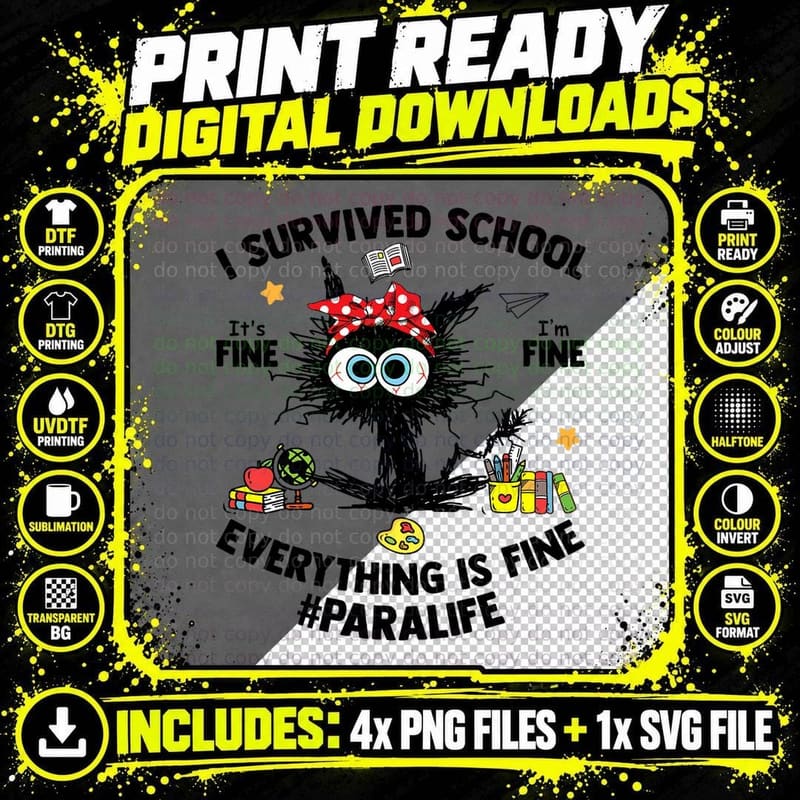 I Survived School Para Life Everything Is Fine Cat Png SVG Digital Bundle