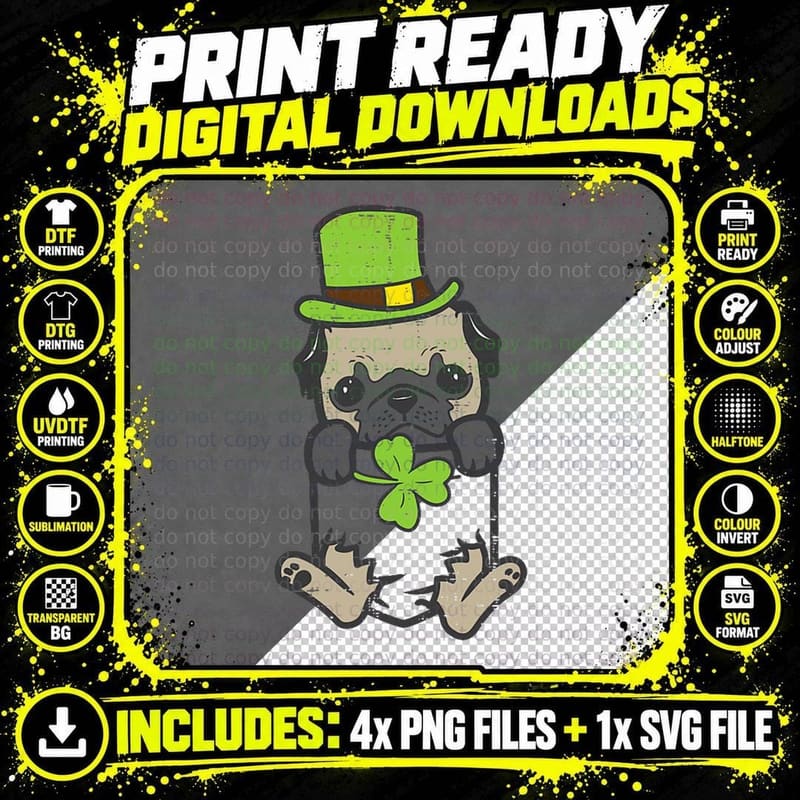 Irish Pocket Pug Dog Saint Paddys St Patricks Day Women Png SVG Digital Bundle