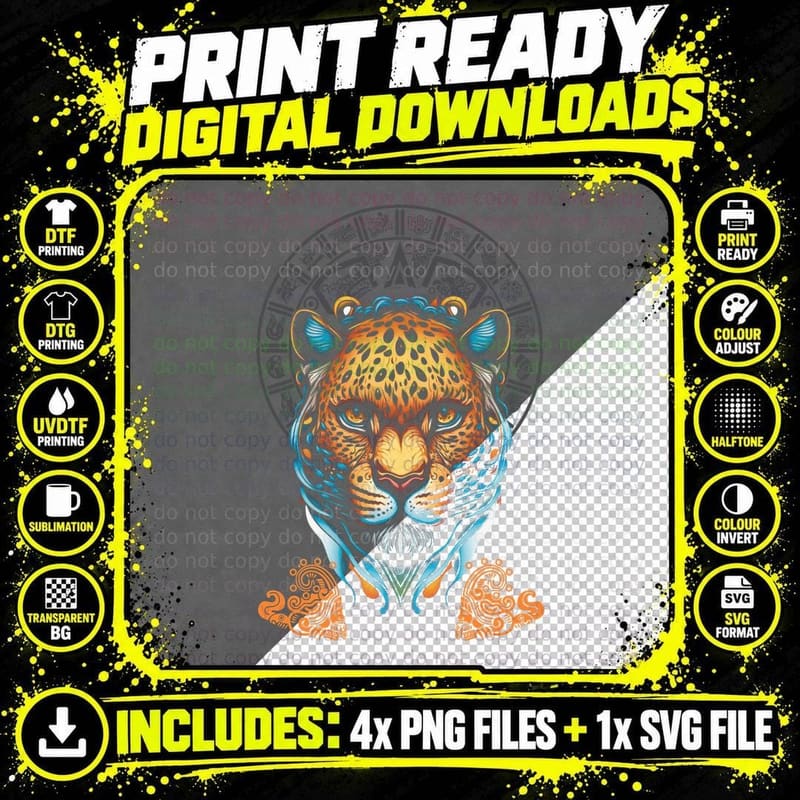 Jaguar Azteca T-Shirt, Wild Cat Print, Tribal Animal Art Png SVG Digital Bundle