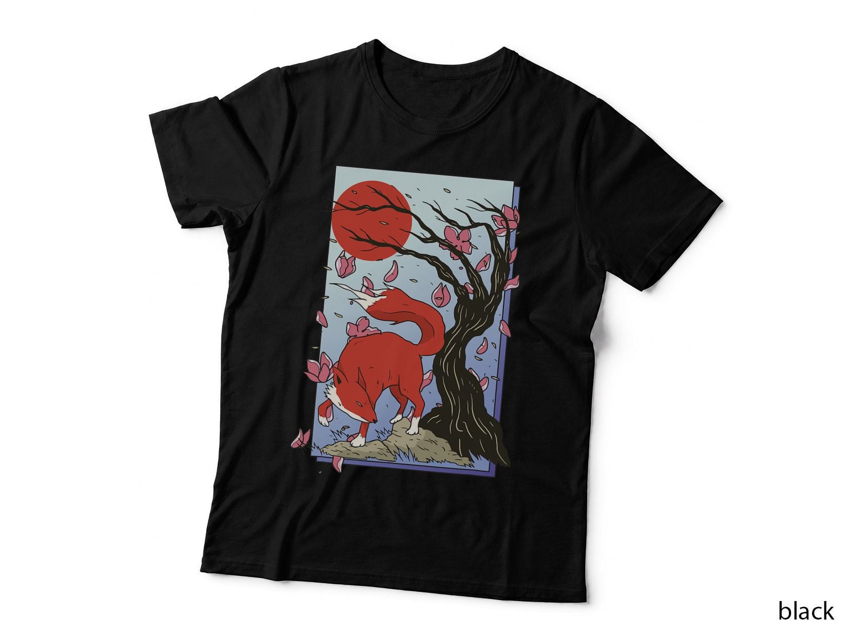 Japanese Fox Cherry Blossom Sakura Tree Art for Fox Lovers T-Shirt