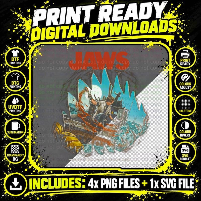 Jaws Halftone T-Shirt, Shark Thriller Tee, Iconic Retro Png SVG Digital Bundle